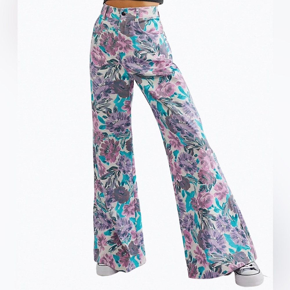 For Love & Lemons Tamara Wide Leg Purple Floral Print High Rise Pants Small NWT